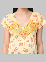 Yellow Women's Floral Print Hosiery Maternity Feeding Nighty