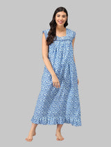 Blue & White Women's Sleeveless Cotton Kali Print Nighty by Shararat
