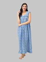 Blue & White Women's Sleeveless Cotton Kali Print Nighty by Shararat