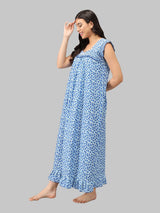Blue & White Women's Sleeveless Cotton Kali Print Nighty by Shararat