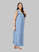 Blue & White Women's Sleeveless Cotton Kali Print Nighty by Shararat