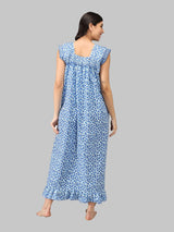 Blue & White Women's Sleeveless Cotton Kali Print Nighty by Shararat
