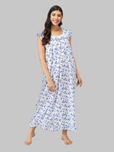 Blue & White Women's Sleeveless Cotton Floral Print Nighty with Jhalar by Shararat