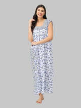Blue & White Women's Sleeveless Cotton Floral Print Nighty with Jhalar by Shararat