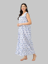 Blue & White Women's Sleeveless Cotton Floral Print Nighty with Jhalar by Shararat