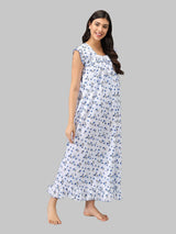 Blue & White Women's Sleeveless Cotton Floral Print Nighty with Jhalar by Shararat