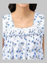 Blue & White Women's Sleeveless Cotton Floral Print Nighty with Jhalar by Shararat