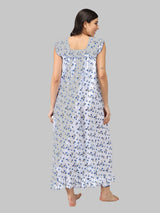 Blue & White Women's Sleeveless Cotton Floral Print Nighty with Jhalar by Shararat