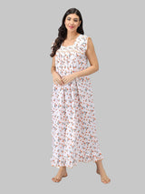 Orange & White Women's Sleeveless Cotton Floral Print Nighty with Jhalar