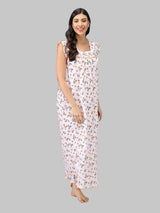 Orange & White Women's Sleeveless Cotton Floral Print Nighty with Jhalar