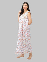 Orange & White Women's Sleeveless Cotton Floral Print Nighty with Jhalar