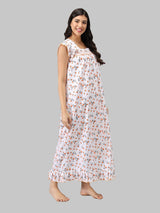 Orange & White Women's Sleeveless Cotton Floral Print Nighty with Jhalar