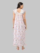 Orange & White Women's Sleeveless Cotton Floral Print Nighty with Jhalar