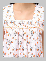Orange & White Women's Sleeveless Cotton Floral Print Nighty with Jhalar