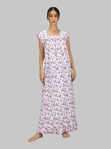 Pink & White Women's Sleeveless Cotton Floral Print Nighty with Jhalar