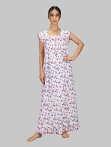 Pink & White Women's Sleeveless Cotton Floral Print Nighty with Jhalar
