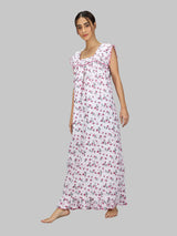 Pink & White Women's Sleeveless Cotton Floral Print Nighty with Jhalar