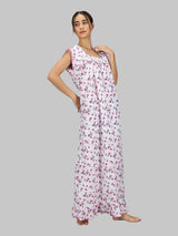 Pink & White Women's Sleeveless Cotton Floral Print Nighty with Jhalar