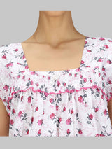 Pink & White Women's Sleeveless Cotton Floral Print Nighty with Jhalar