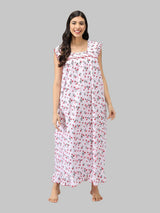 Red & White Women's Sleeveless Cotton Floral Print Nighty with Jhalar