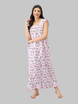 Red & White Women's Sleeveless Cotton Floral Print Nighty with Jhalar