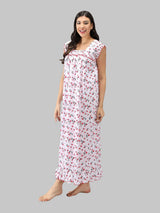 Red & White Women's Sleeveless Cotton Floral Print Nighty with Jhalar