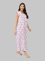 Red & White Women's Sleeveless Cotton Floral Print Nighty with Jhalar