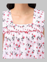 Red & White Women's Sleeveless Cotton Floral Print Nighty with Jhalar