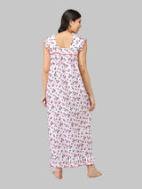 Red & White Women's Sleeveless Cotton Floral Print Nighty with Jhalar