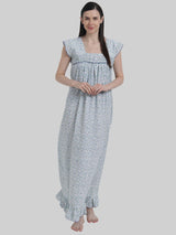 Blue Women's Sleeveless Frill Cotton Nighty For Women by Shararat
