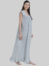 Blue Women's Sleeveless Frill Cotton Nighty For Women by Shararat