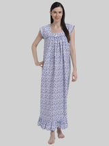 Royal Blue Women's Sleeveless Frill Cotton Nighty For Women