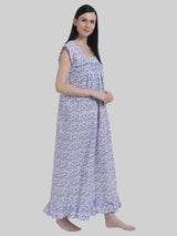 Royal Blue Women's Sleeveless Frill Cotton Nighty For Women