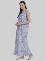 Royal Blue Women's Sleeveless Frill Cotton Nighty For Women