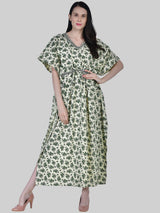 Off White and Green Floral Print Cotton Kaftan
