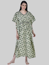 Off White and Green Floral Print Cotton Kaftan