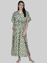 Off White and Green Floral Print Cotton Kaftan
