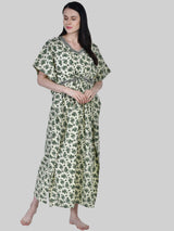 Off White and Green Floral Print Cotton Kaftan