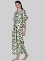 Off White and Green Floral Print Cotton Kaftan