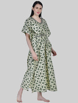 Off White and Green Floral Print Cotton Kaftan