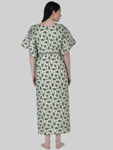 Off White and Green Floral Print Cotton Kaftan