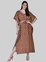 Brown and White Floral Print Cotton Kaftan