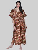 Brown and White Floral Print Cotton Kaftan