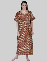 Brown and White Floral Print Cotton Kaftan