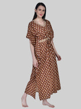 Brown and White Floral Print Cotton Kaftan