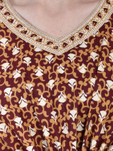 Brown and White Floral Print Cotton Kaftan