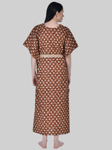 Brown and White Floral Print Cotton Kaftan