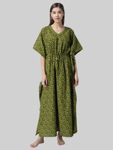 Green and Black Abstract Print Cotton Kaftan