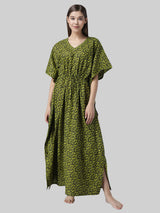 Green and Black Abstract Print Cotton Kaftan