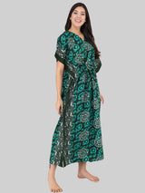 Green and White Floral Print Cotton Kaftan
